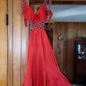 Orange Jeweled Prom Dress with Open Back